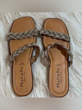 MARIELLA Tan Braided Crystal-Embellished Leather Slide Sandals